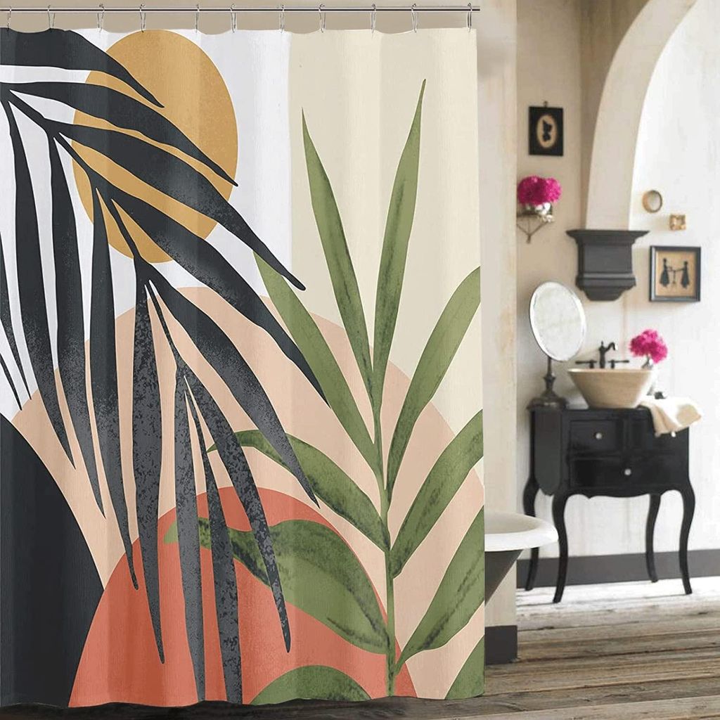 Vintage-Duschvorhang im Boho-Stil mit 12 Haken, Mid-Century-Design, abstraktes tropisches Pflanzenmotiv, 183 x 183 cm, wasserdichtes Material