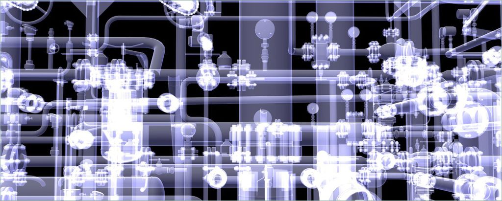 Wallario Poster - Transparente Maschine unter Röntgen mit Zahnrädern und Rohren, Kunstdruck Größe: 50 x 125 cm