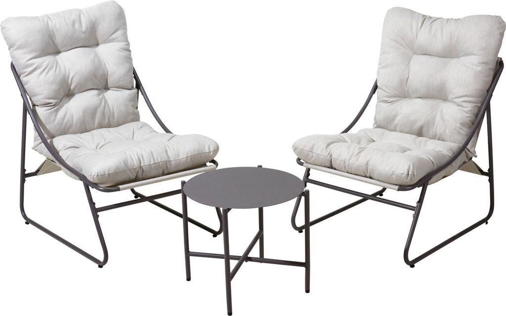 3-tlg. Gartenmöbel Set: 2 Sessel mit Kissen + runder Tisch 45 cm, Grau