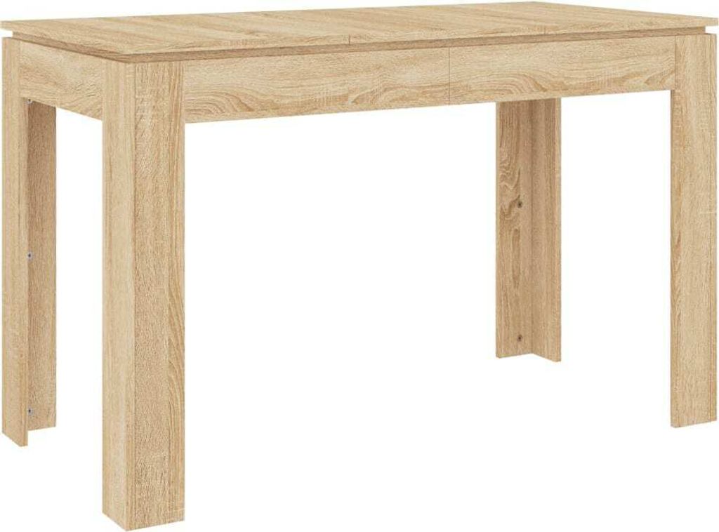 A light brown wooden dining table with two legs on each side, set against a white background.
