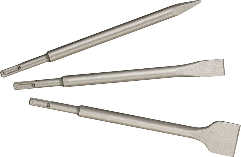 Three metal chisels with SDS-plus shanks are arranged diagonally on a white background.