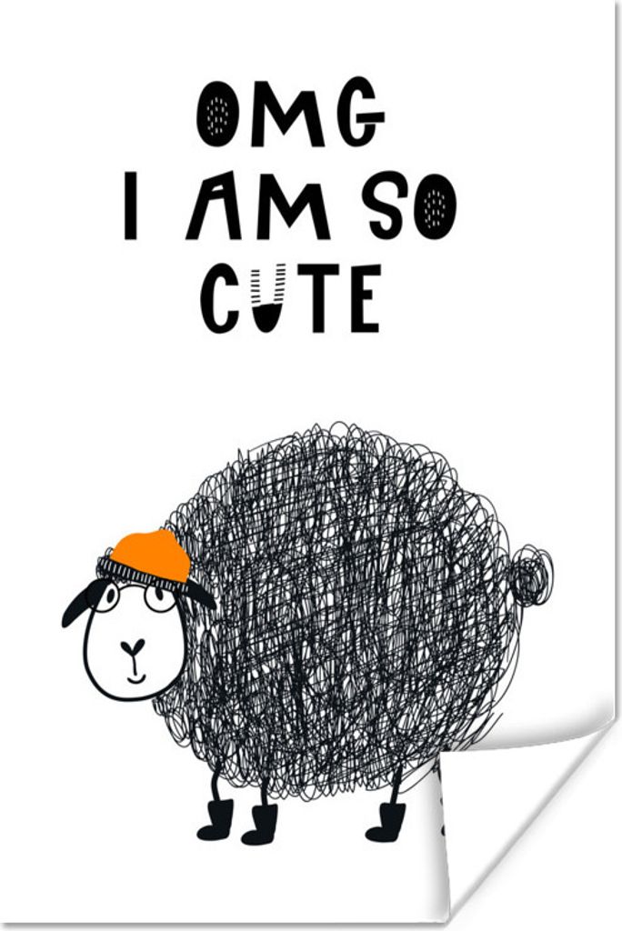 MuchoWow Poster Kinderillustration mit dem Zitat "OMG I am so cute" und einem Schaf 40x60 cm - Plakate für die Wand - Poster Babyzimmer