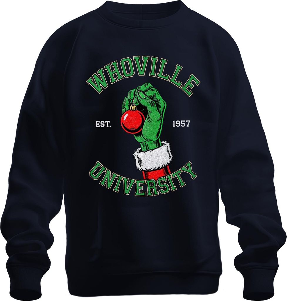 WHOVILLE UNIVERSITY Grinch Weihnachten Christbaumkugel Retro Uni Sweatshirt Pullover, Navy, 3XL