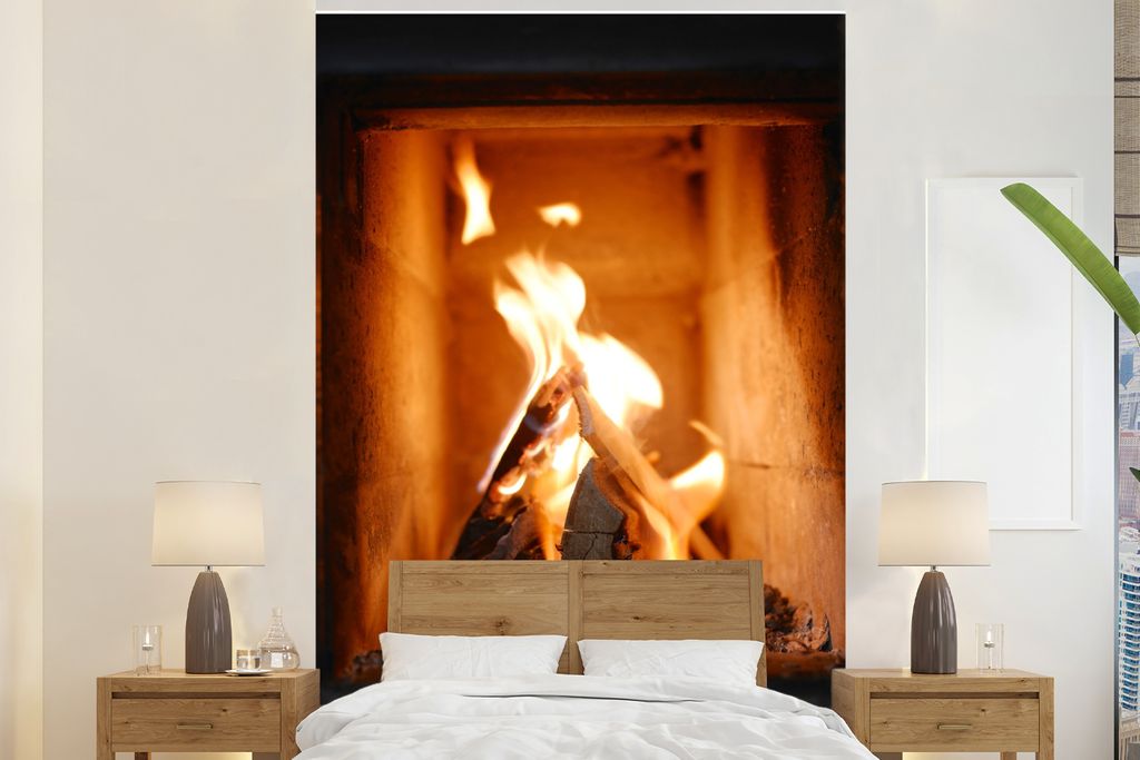 MuchoWow Fototapete für Wohnzimmer oder Schlafzimmer Wandtapete Vinyl Motivtapete Verbrennung von Holz in einem Kamin - 225x350 cm - Schlafzimme...