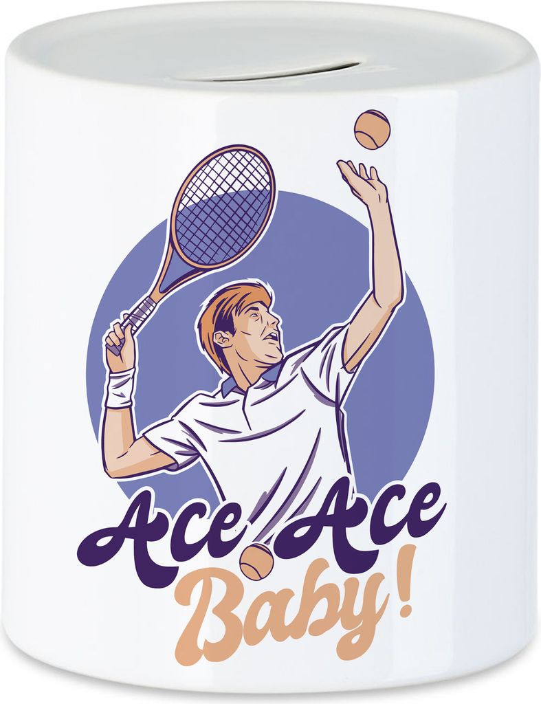 Ace Ace Baby Spardose Tennisschläger Spieler Spiel Spielball Sport Freizeit Hobbie Tennisplatz Bewegung Tennis