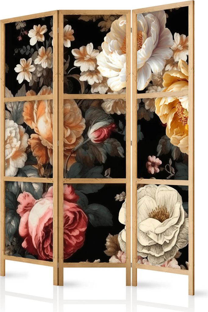 3-teiliger Einseitiger Vlies Japanischer Paravent - Floristry in Vintage Style - Huge Colorful Flowers on a Black Background 135x172 cm Blumen b-H-...