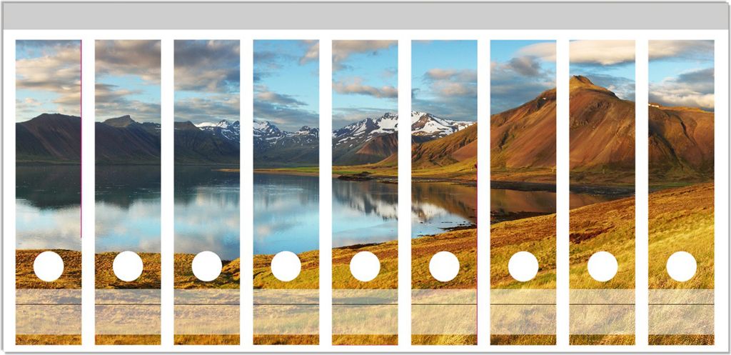Wallario Ordnerrücken Sticker, selbstklebend für breite Ordner, 9 Stück, Motiv Bergpanorama mit Spiegelung im See