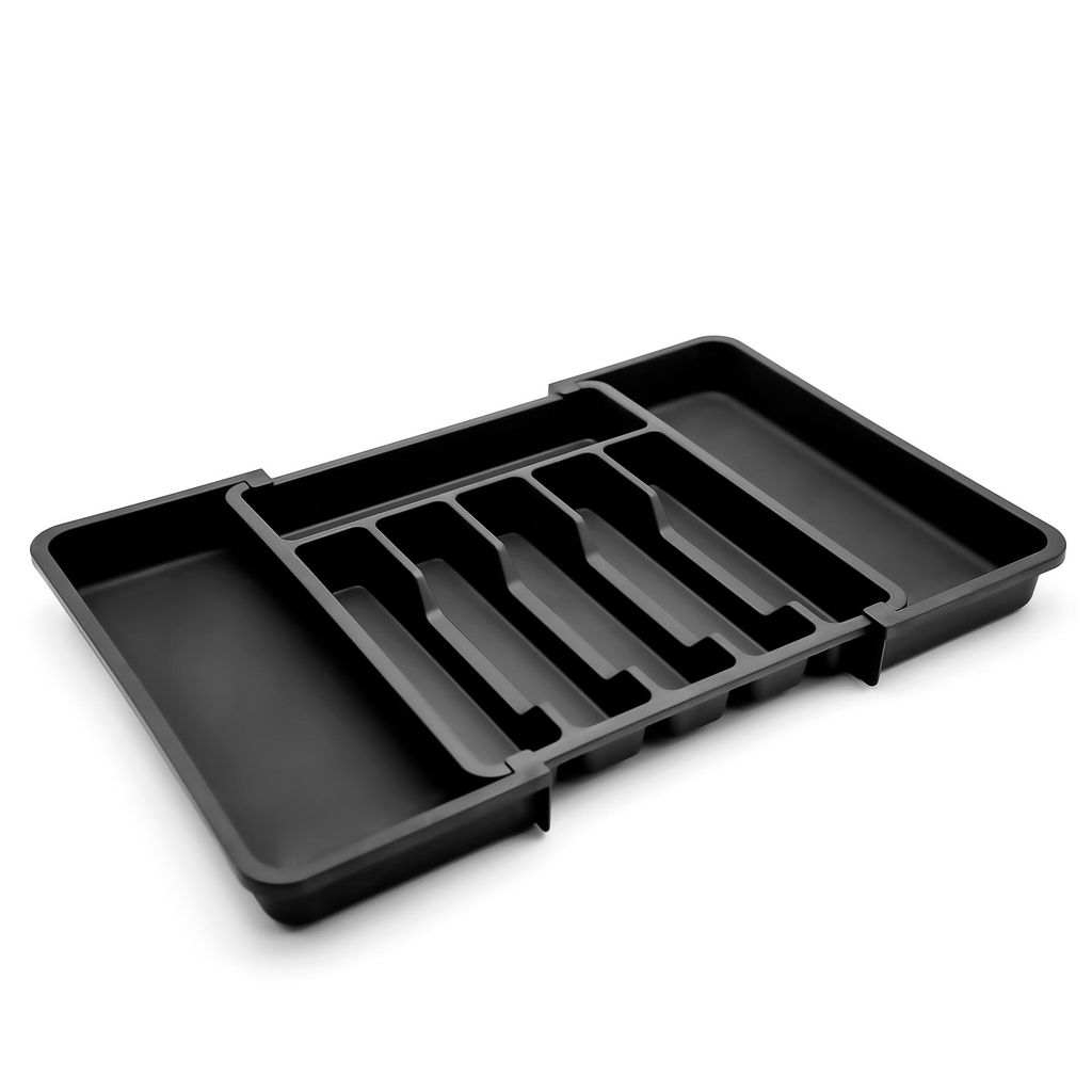 BigDean Besteckeinsatz aus Kunststoff in Schwarz – ausziehbarer Besteckkasten für Schubladen – Schubladen Organizer für einfache Aufbewahrung