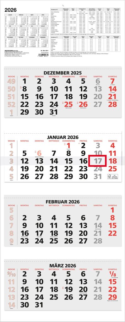 Zettler 4-Monatskalender rot 2026 - Wandkalender 34 × 88 cm mit Datumsschieber, 4 Blöcke à 1 Monat/Blatt, Kopftafel 20 cm & Fußleiste 3 cm, Jah...