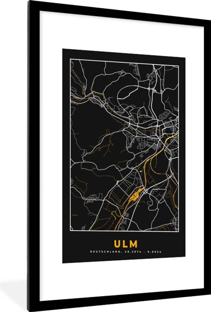 MuchoWow Gerahmtes Poster Ulm - Stadtplan - Gold - Karte - Deutschland 60x90 cm - Poster mit Schwarzem Bilderrahmen Wandposter Rahmen Foto Bilder...