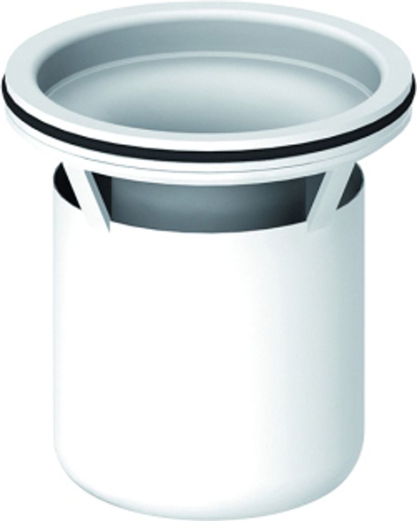A white drain trap with a black seal.