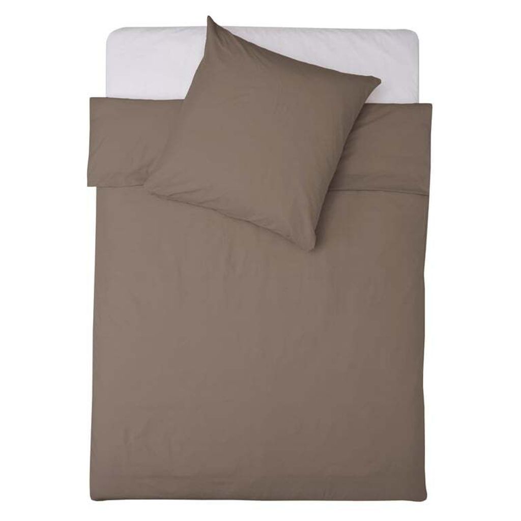 A top-down view of a taupe duvet cover and pillowcase laid on a white sheet.