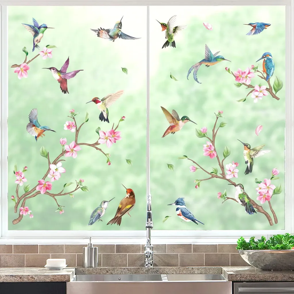 Stickers Électrostatiques Vitres Décoration Arbre et Oiseaux Été 90cm