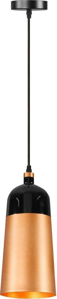 A pendant light with a black top and copper-colored shade.