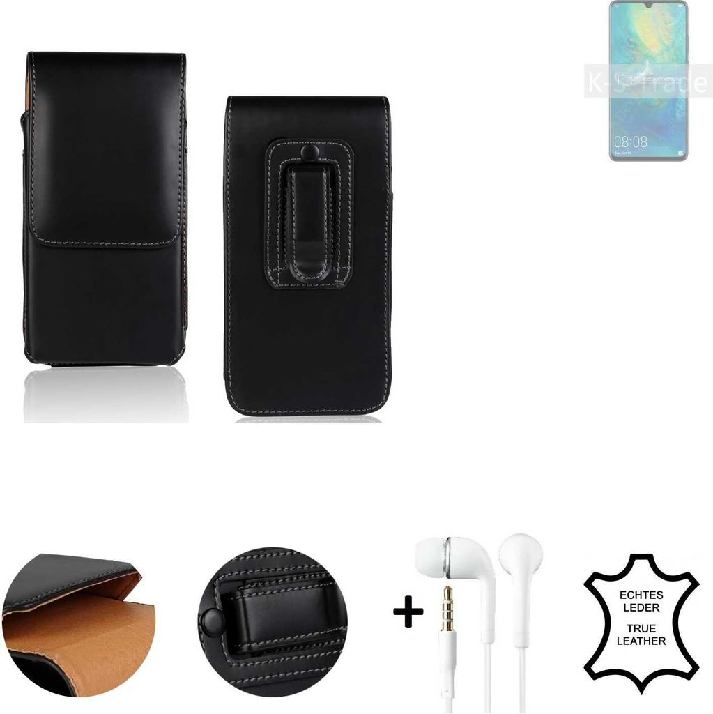 K-S-Trade Leder Gürteltasche + Kopfhörer kompatibel mit Huawei Mate 20 X 5G Seitentasche Belt pouch Holster Handyhülle Schutz Hülle Etui schwarz