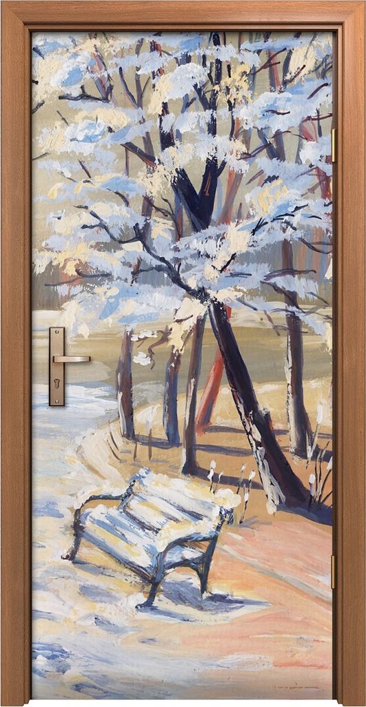 Türposter 90x200 cm Türaufkleber Türtapete Türfolie Klebefolie Kunst Malerei Schnee Bank Bäume