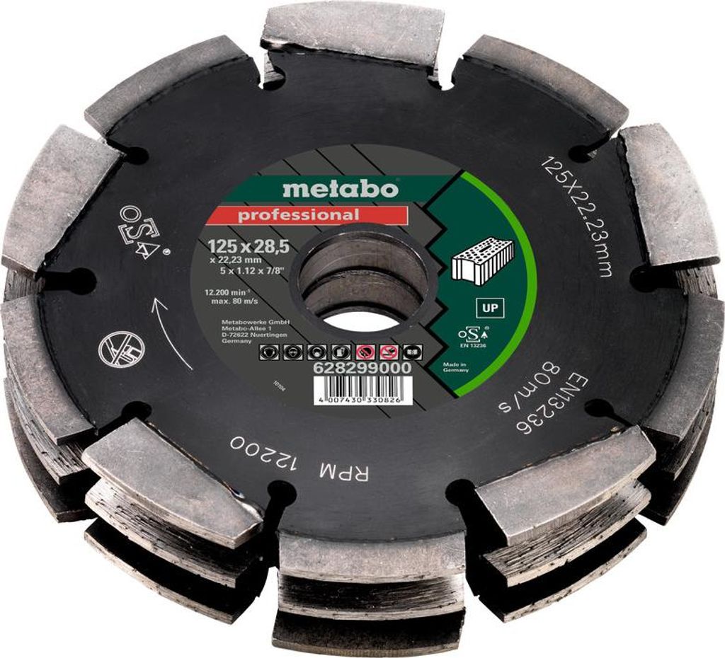 A close-up, professional studio shot of a Metabo diamond cutting disc.