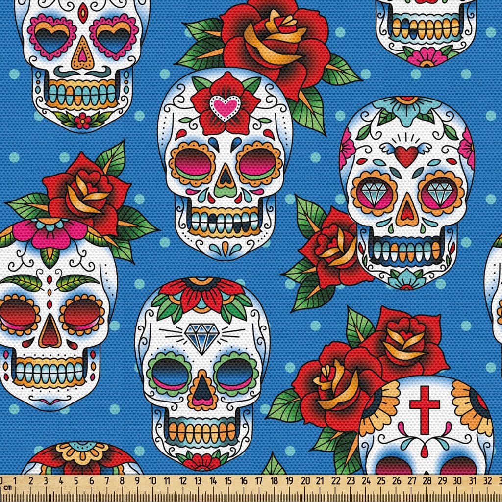 ABAKUHAUS Zuckerschädel Gewebe als Meterware, Mexikanisches kulturelles Muster der Retro Art auf Tupfen-Rosen-Blumenstrauß-Skeletten, 2 M (148 x ...