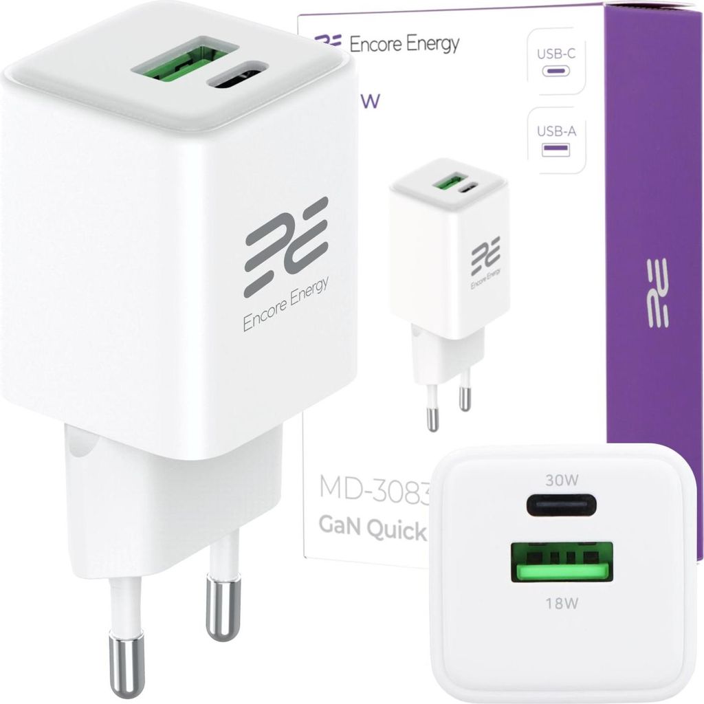Netzladegerät GaN 30W USB-A USB-C QC PD Encore Energy Produktbild 