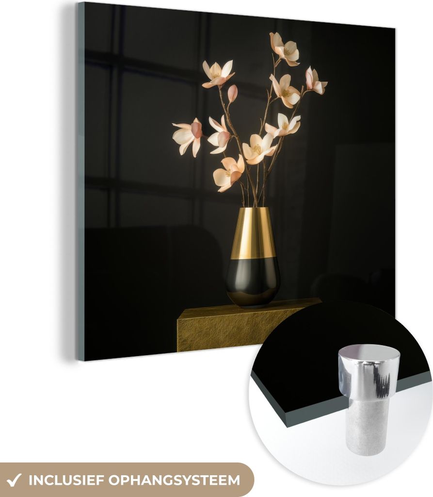 MuchoWow Glasbilder - Bilder auf Wandbild - Foto auf Glas Verschnörkelt - Blumenstrauß - Gold - Vase 40x40 cm Wanddekoration aus Glas - Acrylglas...