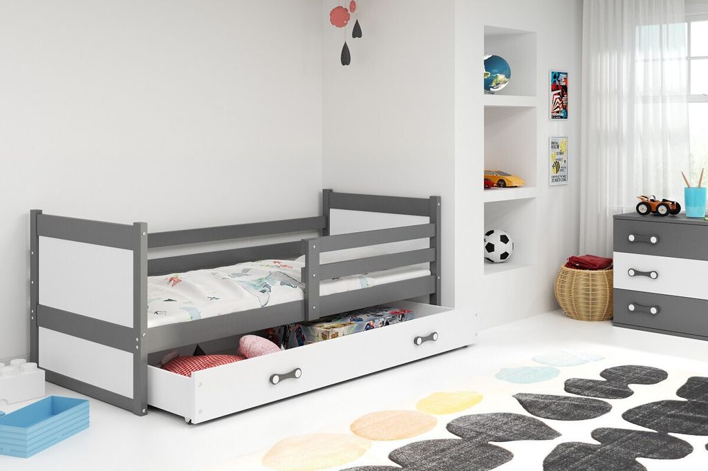 Kinderbett mit Stauraum mit Matratze 90x200 FERGUS – Graphit / Weiß