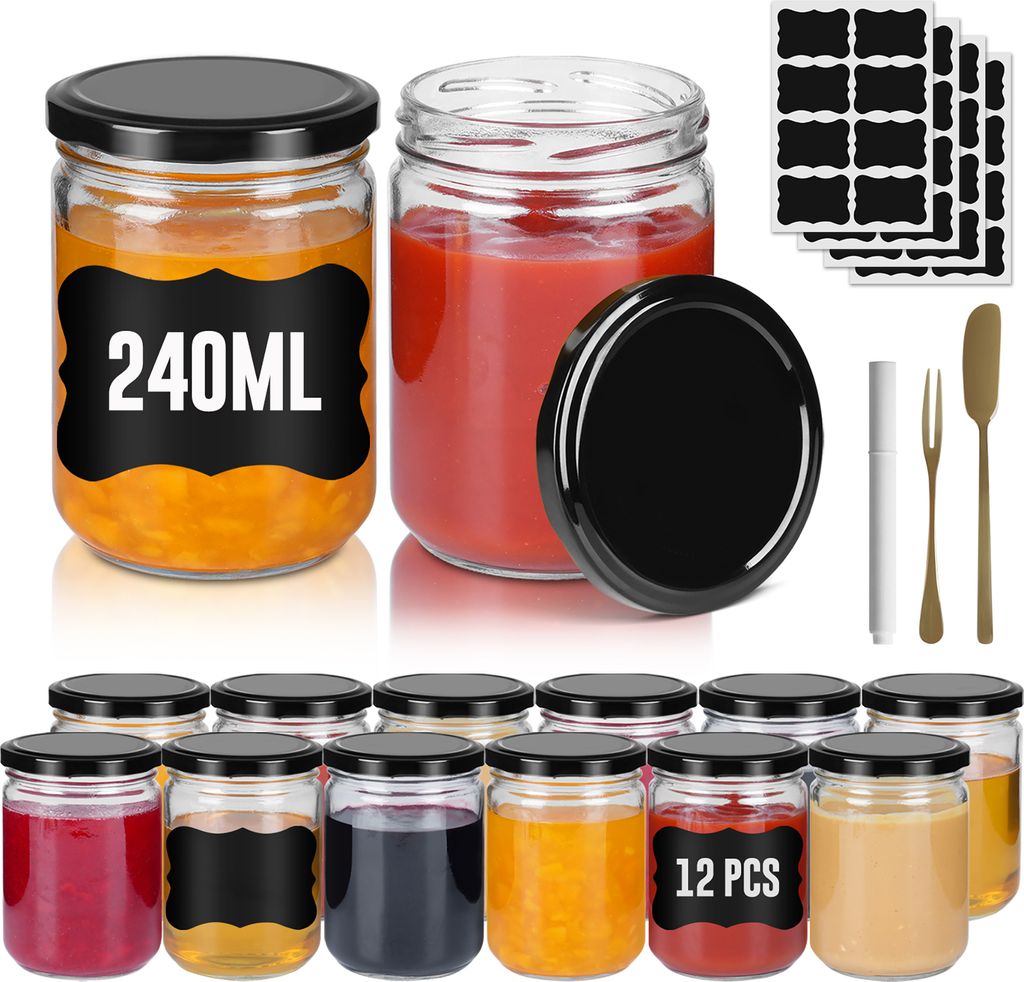 LZQSturzgläser SetMenge 12 Stück Füllmenge 240 ml Einweckgläser mit Schraub-Deckel Schwarz, Mit Etiketten & Stift