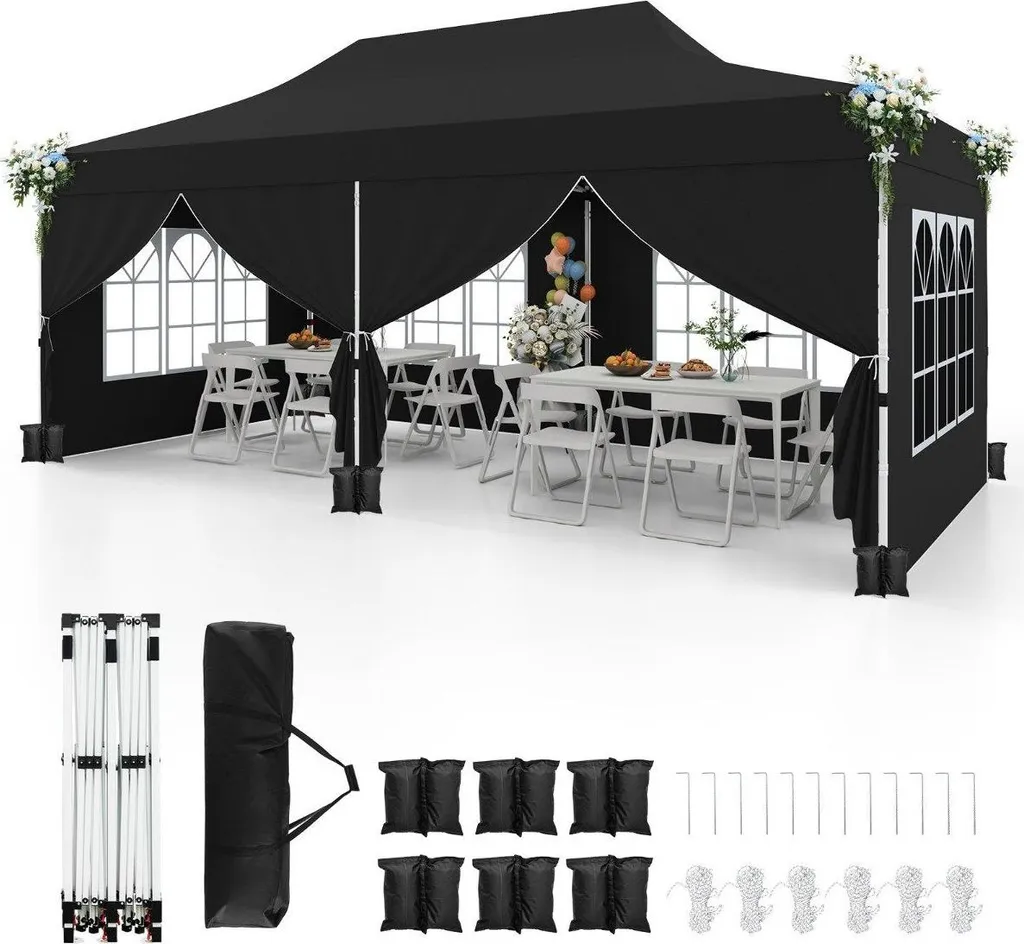 Tente pop-up 3 x 6 m avec 6 parois amovibles noire pour réception