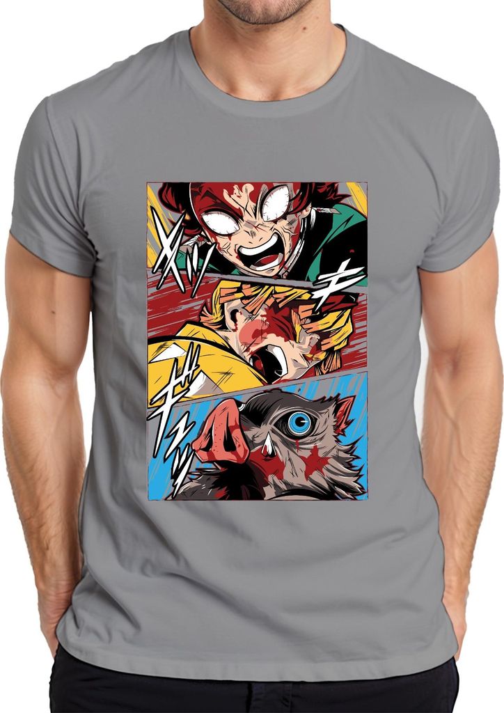 Manga Dämonenjäger Action Blut Anime Panel Geschenk Grunge Herren T-Shirt, Grau, XXL