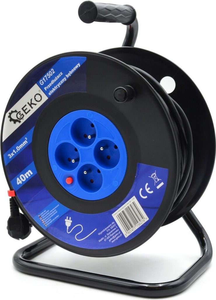 Elektrische Kabeltrommel 3x1,0 mm² - 40m Verlängerungskabel mit 4 Steckdosen und 2300W Belastbarkeit, IP20, ideal für Innenbereich Anwendungen.