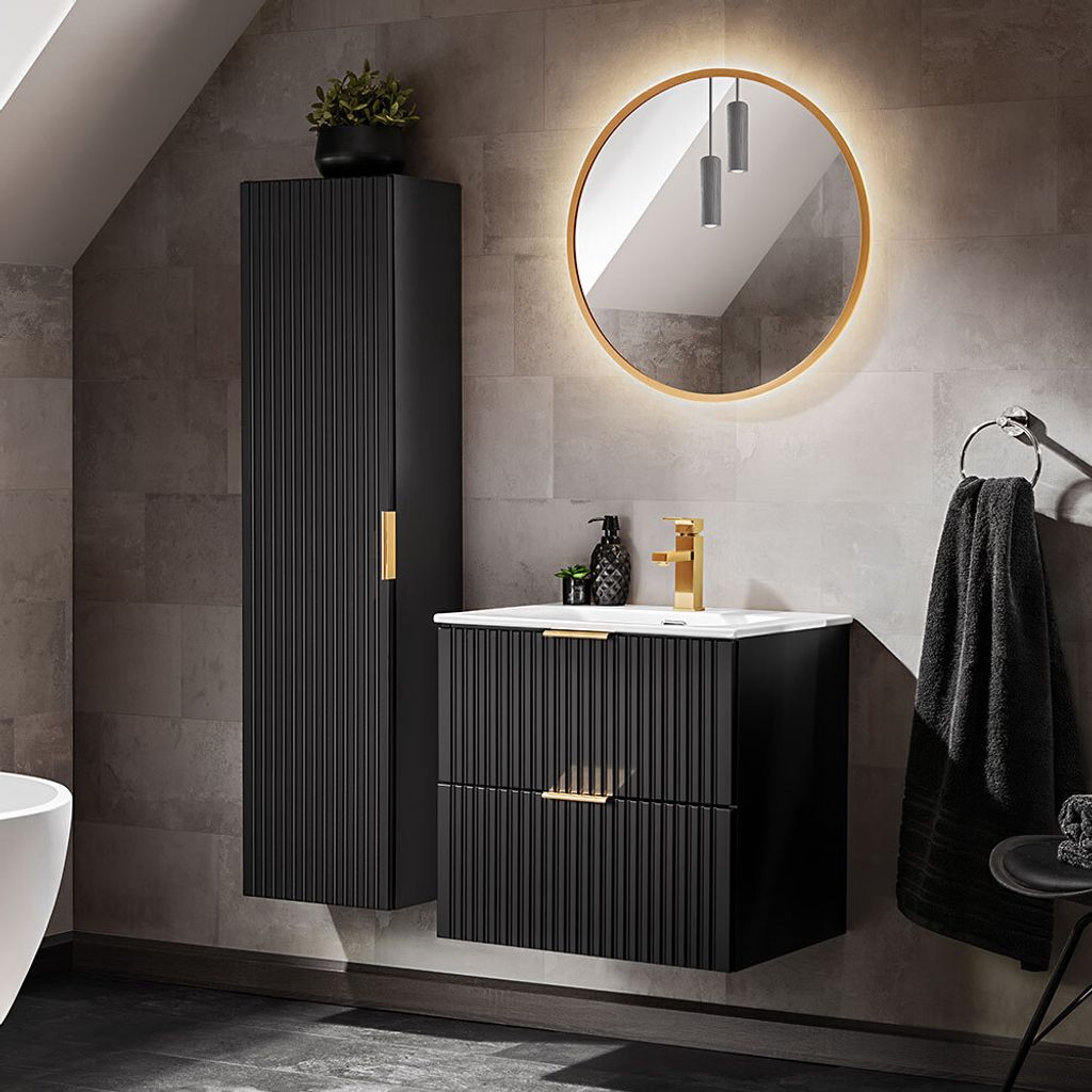 Badezimmer Möbel Set, 60cm Waschtisch mit Keramik Waschbecken, matt schwarz mit gerillter Front, ADELAIDE-56-BLACK, B/H/T ca. 110/200/46 cm