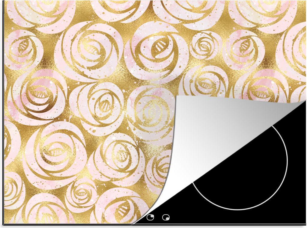 KitchenYeah Herdabdeckplatte Marmor - Gold - Rosen - Muster , 70x52cm, Küche Deko, Glaskeramikkochfeld Herdabdeckung, Abdeckplatte fùr Kochfeld