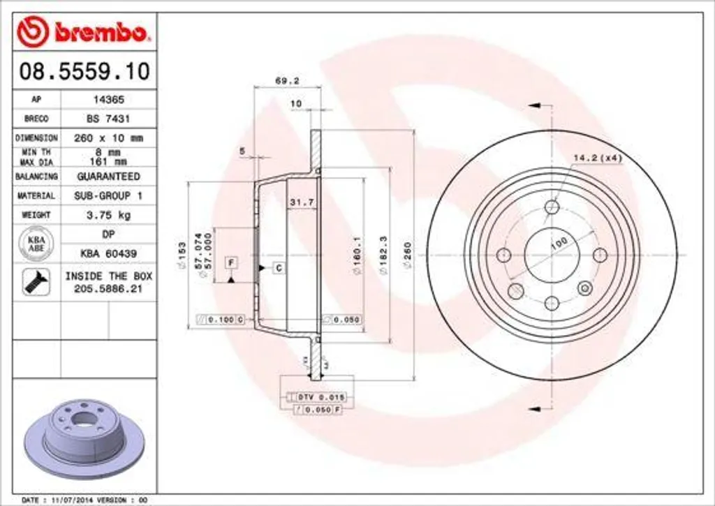 Disque de frein arrière pour Opel Astra F - Standard OE Brembo 569119