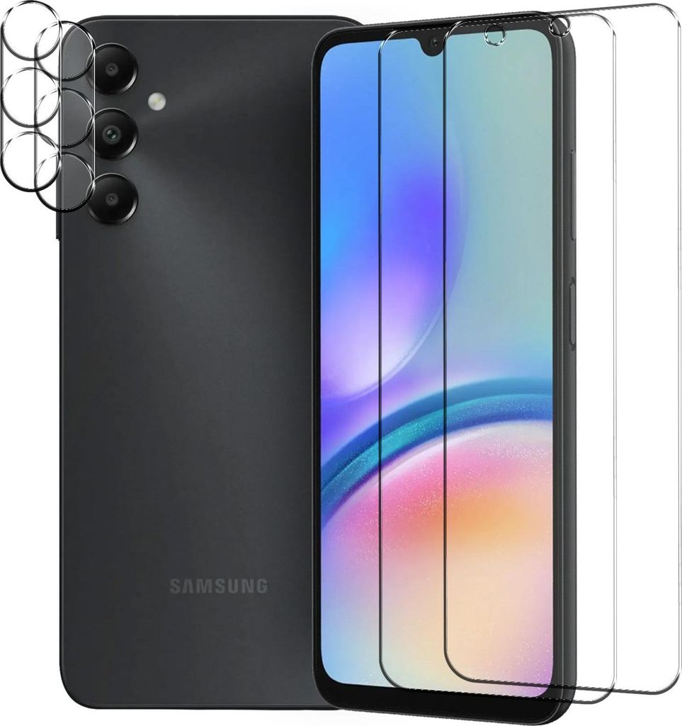 A dark gray smartphone is shown from the back and side, with several screen protectors laid out in front of it.