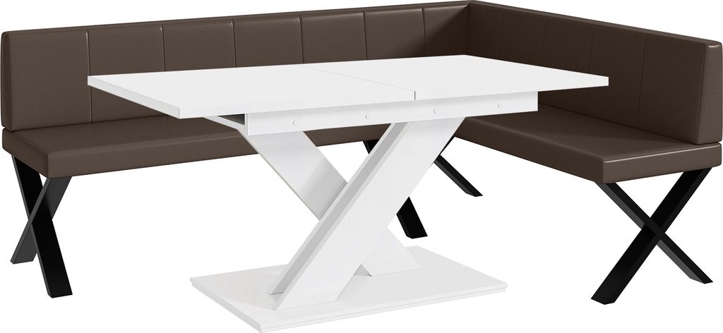 MEBLINI Eckbank für Esszimmer mit ausziehbarem Tisch - Küchenbank - Essecke - Sitzecke Küche - PETER - X-Beine 142x196x87cm Rechts - Braun Kunst...