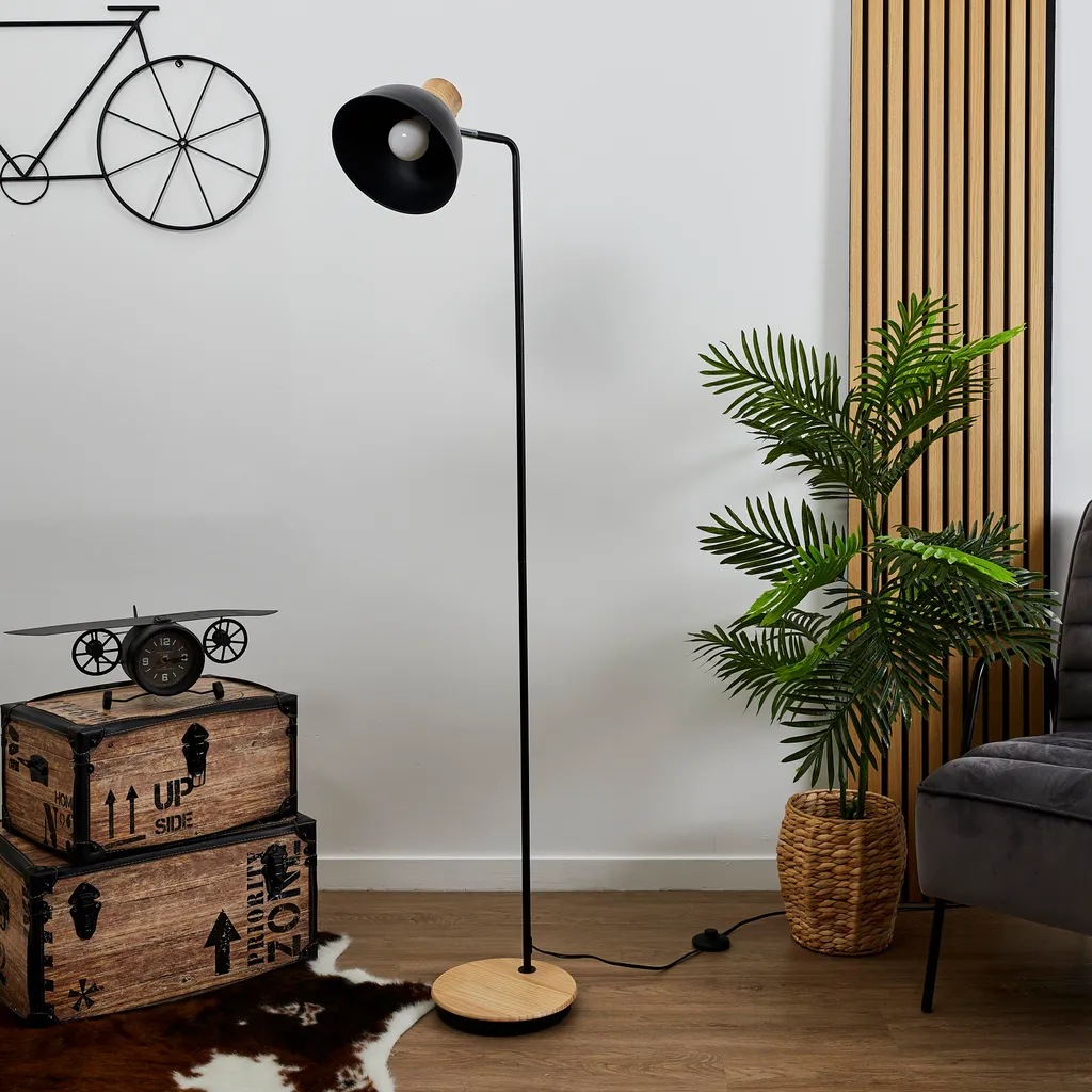 Lampadaire Metal Noir Bois Stable : Solution Éclairage Design Gain de Place - 7