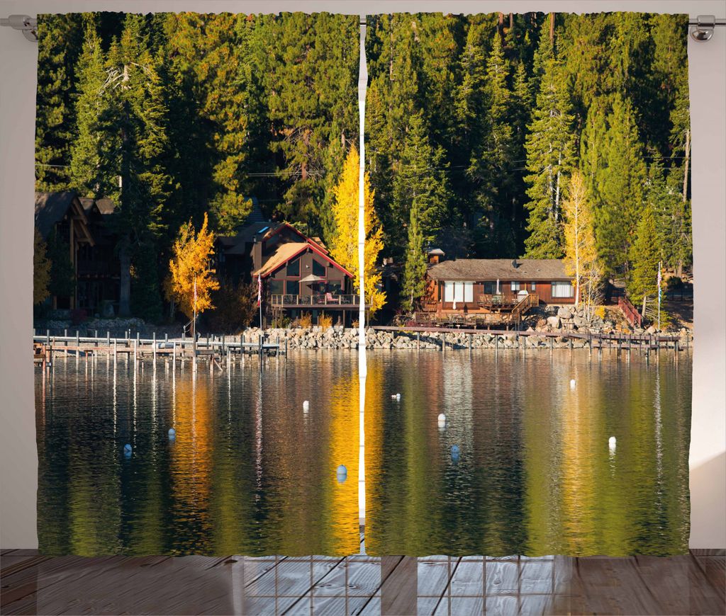 ABAKUHAUS Lake Tahoe Rustikaler Gardine, Carnelian Bay Foto, Schlafzimmer Kräuselband Vorhang mit Schlaufen und Haken, 280 x 245 cm, Mehrfarbig