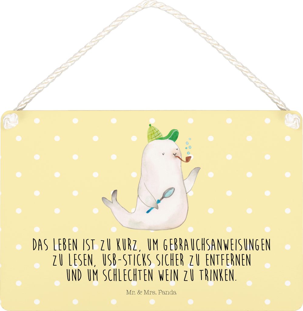 Mr. & Mrs. Panda Schild Robbe Sherlock DIN A4 - Gelb Pastell - Geschenk, Lustige Sprüche, Holzschild, kleine aufmerksamkeit, Wandbild Holz, Türsc...