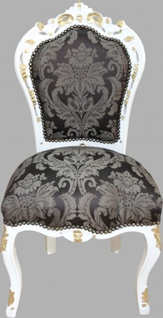 Casa Padrino Barock Esszimmer Stuhl Schwarz Muster / Weiß / Gold - Möbel Antikstil