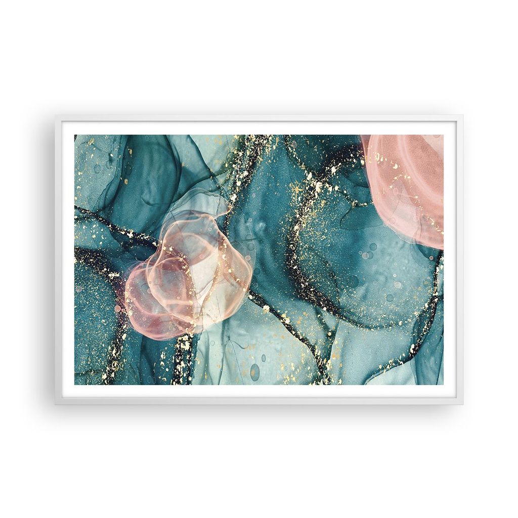 Gerahmtes Poster - Weißer Rahmen - Flüssigkeit Gold Rosa - 100x70 cm - Wand Bild - Wanddeko - Wandbilder - Kunstposter - Wandposter - Bilderrahme...