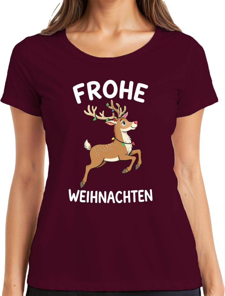 FROHE WEIHNACHTEN Rentier Lichterkette Niedlich Kinder Geschenk Damen T-Shirt, Burgundy, L