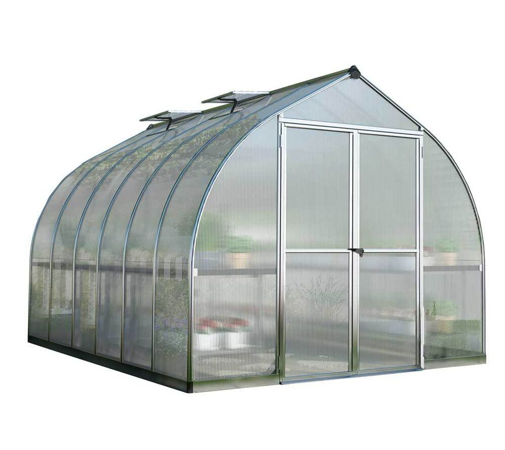 A silver and clear greenhouse on a white background.
