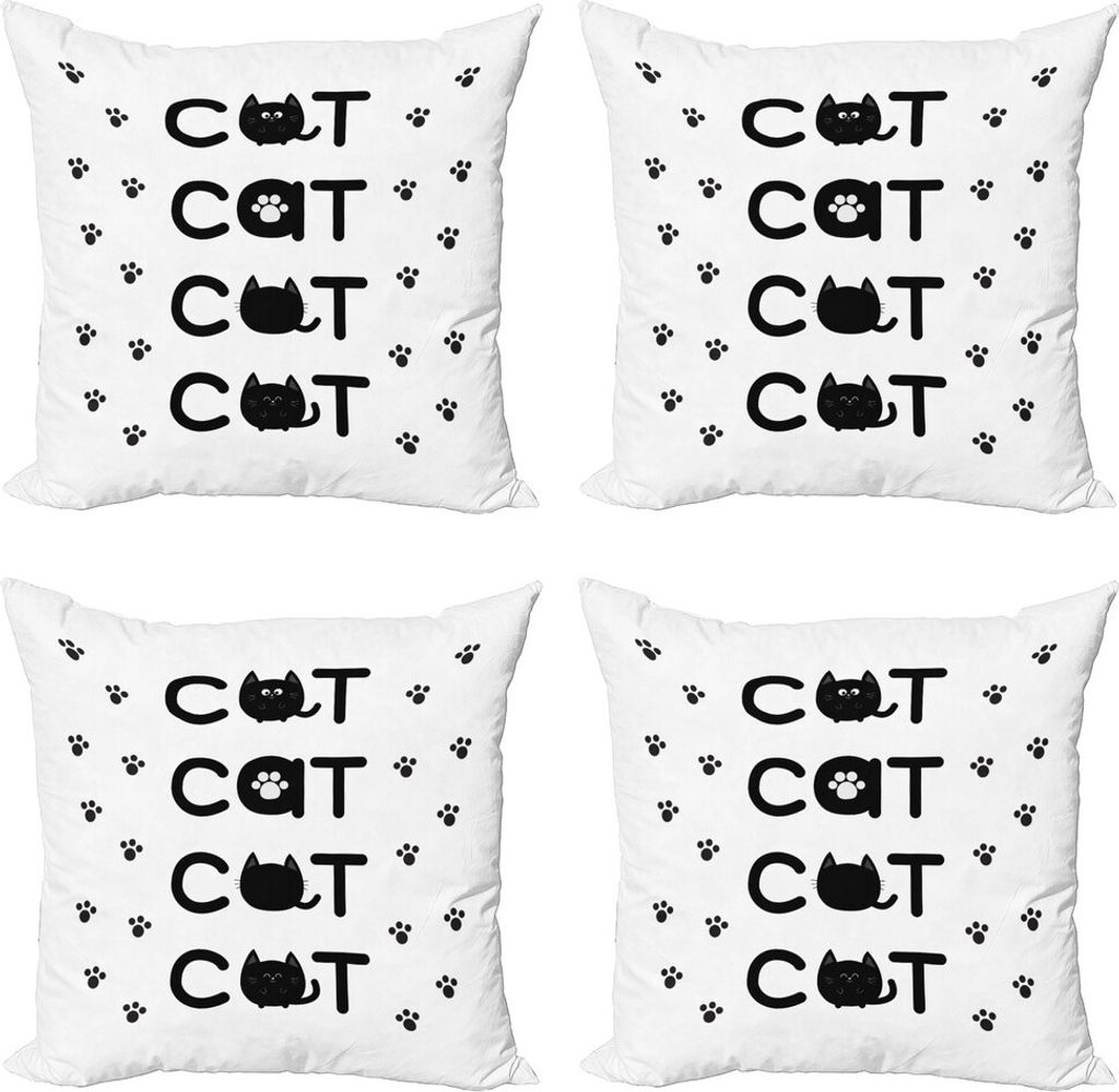 ABAKUHAUS Kätzchen Kissenbezug Set (4 Stück), Cat Text mit Tatzen-Druck, Moderner Doppelseitiger Digitaldruck, 50 cm x 50 cm, Schwarz-Weiss