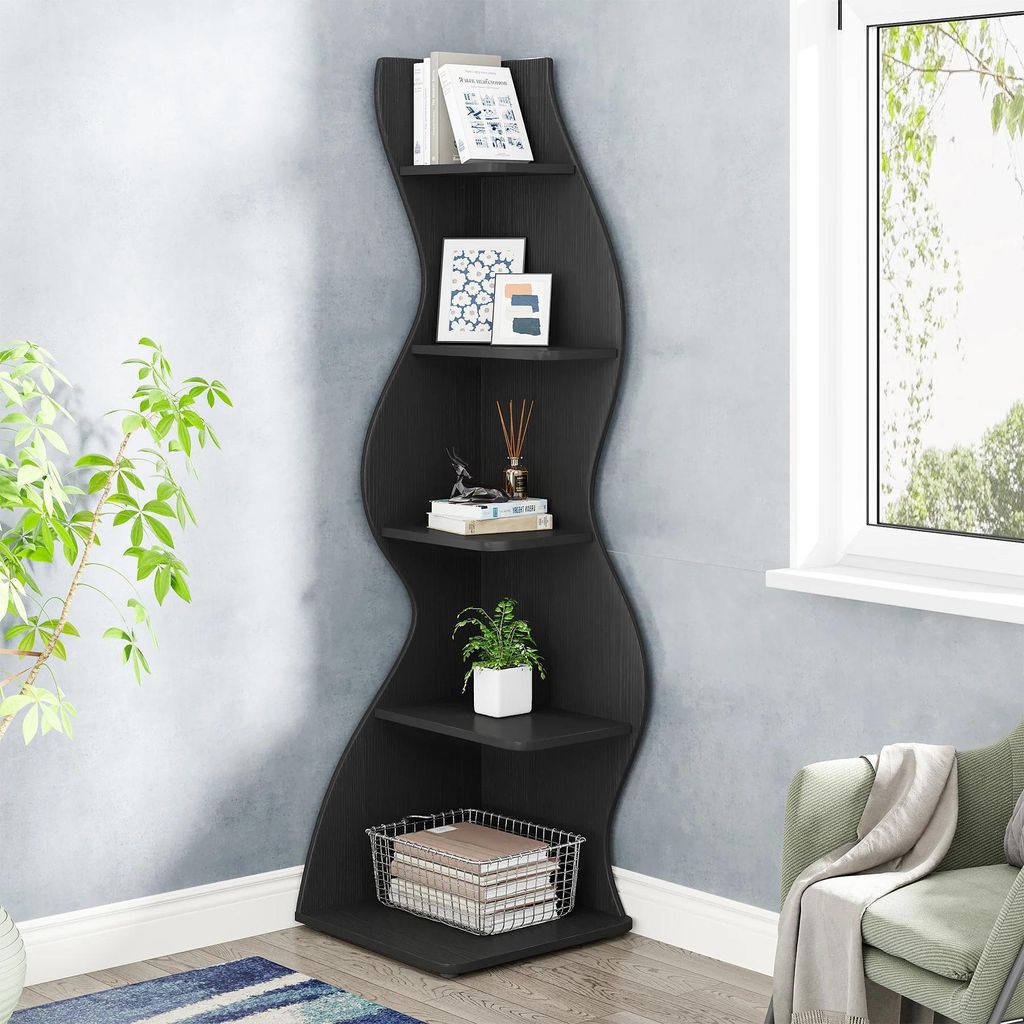 Wellenförmiges Eckregal - 5-stöckiges Bücherregal - Freistehend - Geschwungenes Design - Platzsparend - Pflanzenständer & Deko-Regal - Größe ...