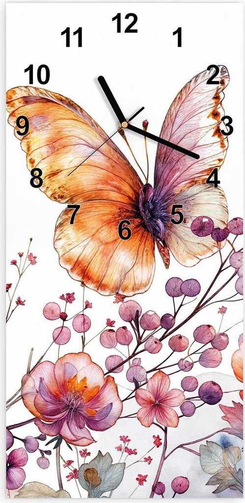 Wanduhr aus Glas mit Motiv Blumen und Schmetterlinge- 30 x 60 cm - inkl. Aufhängesystem