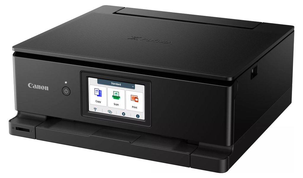 A black Canon PIXMA TS 8750 printer is shown from a slightly elevated front-left angle against a white background.