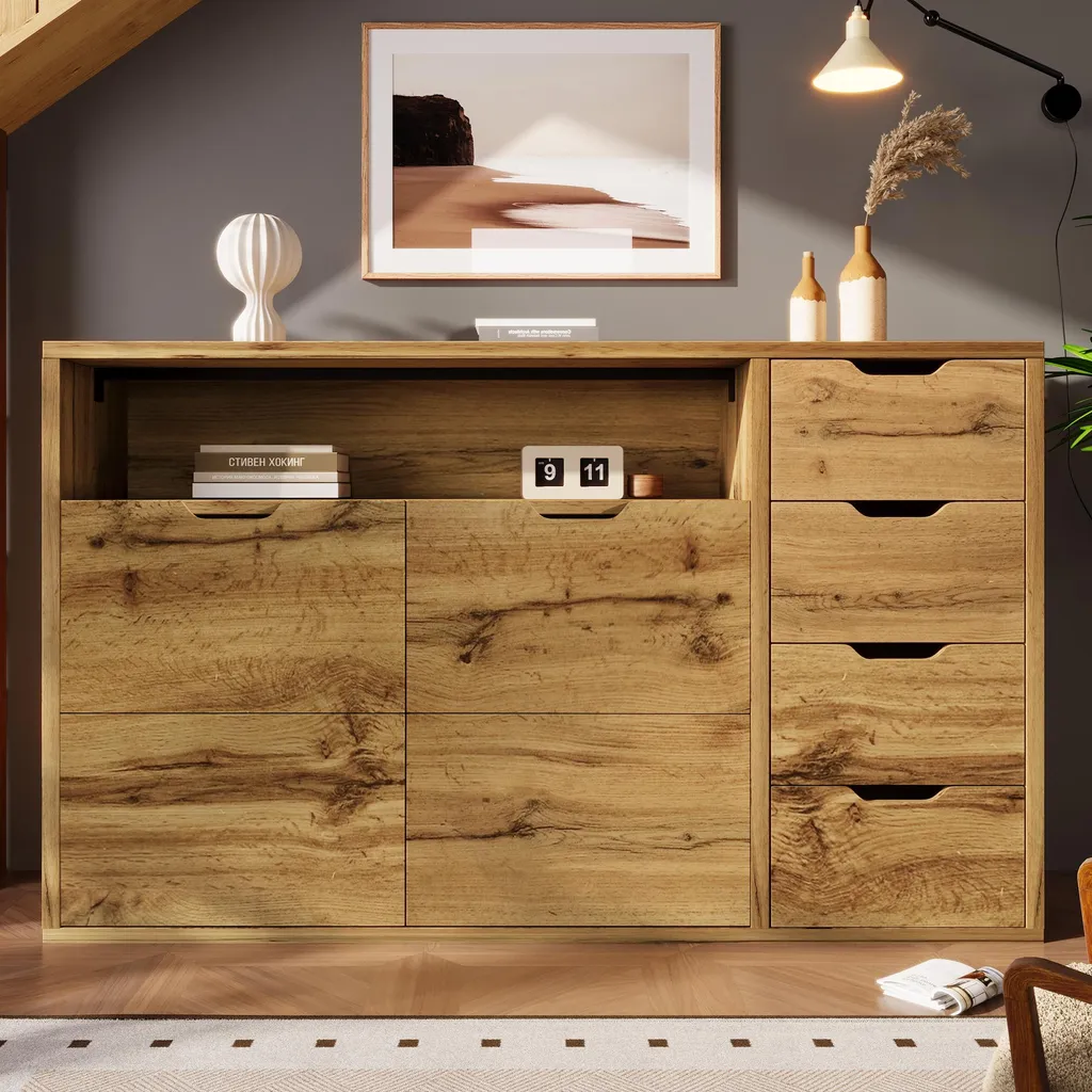 Grand bahut de salon 150 cm en bois de chêne avec rangement modulable