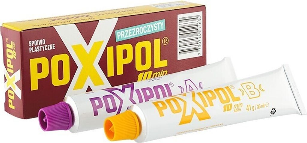 A box and two tubes of Poxipol adhesive are shown against a white background.