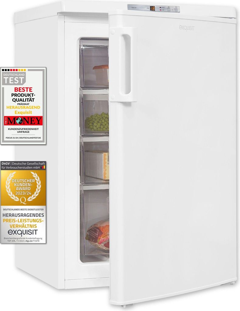 A white upright freezer with its door slightly ajar, revealing transparent drawers containing food items. Several award badges are affixed to the left side of the freezer.