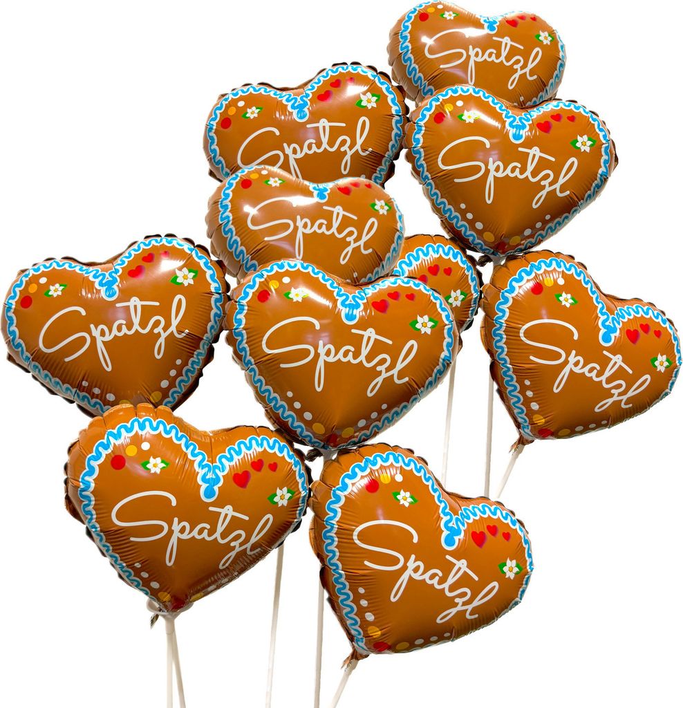 10 Stück Herz Folienballon "SPATZL" im Lebkuchenherz Design Produktbild 