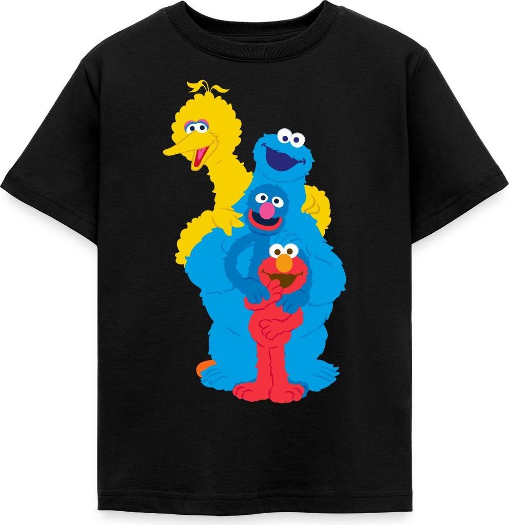 Spreadshirt Sesamstraße Elmo Grobi Krümelmonster Bibo Kinder T-Shirt, 122/128 (7-8 Jahre), Schwarz